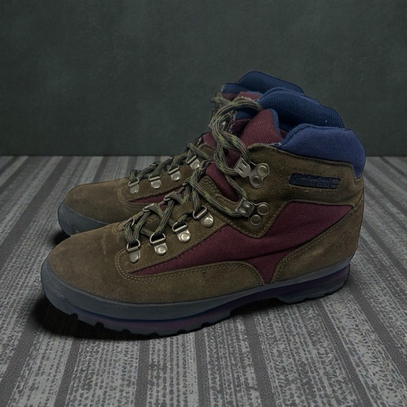 Vintage 🔥90's 🤑Timberland 🚨Euro Hiker Suede‎ Boots Brown Maroon Blue Snow 8